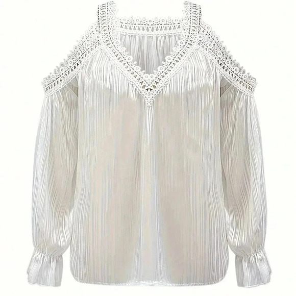 White Boho Women's Open Shoulder Floral Trim Casual Vacation Blouse - Picture 4 of 5